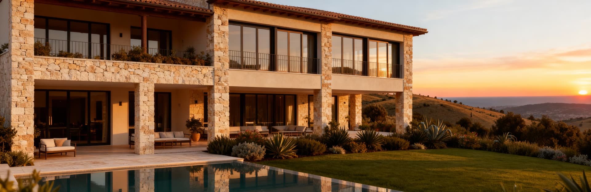 Elegante villa di lusso in Abruzzo con ampie vetrate, giardino mediterraneo e piscina, immersa nel paesaggio collinare.