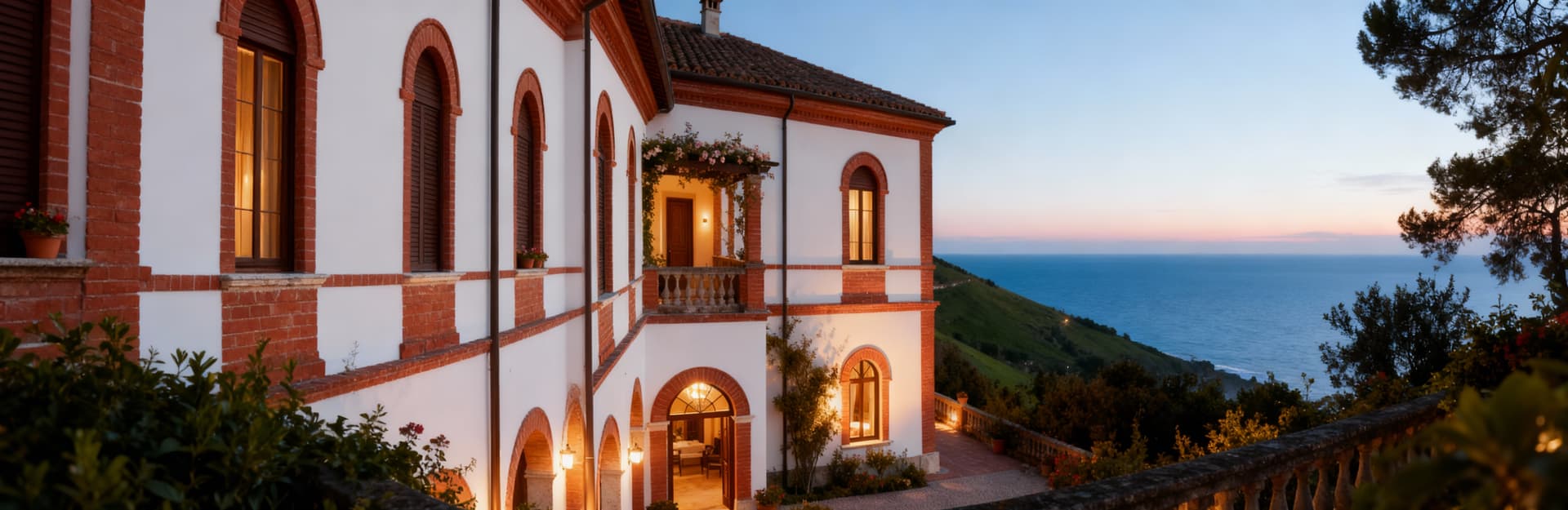 Villa storica ad Ancona immersa in luce invernale, con mattoni rossi, intonaco bianco e paesaggio collinare verde.