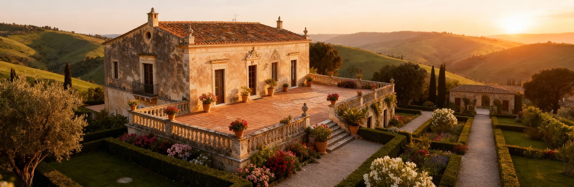 Vista di una dimora storica a Caltanissetta, circondata da colline verdi e fiori, con giardini curati e dettagli nobili.