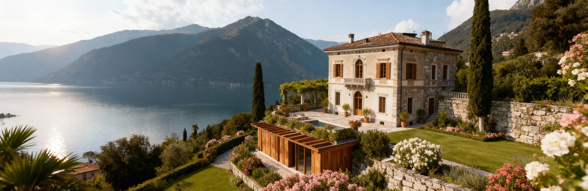 Villa storica a Como circondata da giardini fioriti e montagne, vista panoramica sul lago con materiali naturali.