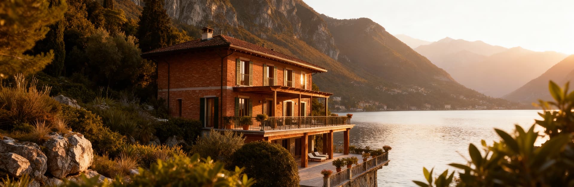 Elegante villa di lusso affacciata sul lago di Como a Lecco, circondata da maestose montagne e luce calda del pomeriggio.