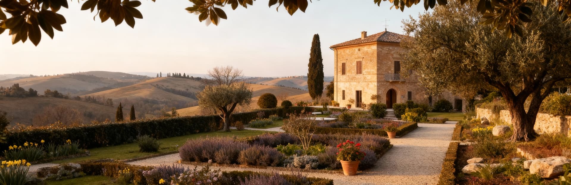Immobili di prestigio in vendita a Macerata, dimora storica circondata da colline, giardino fiorito e luce invernale calda.