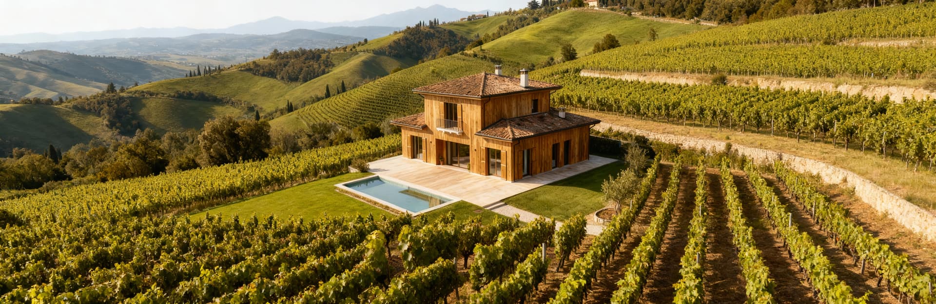 Villa elegante a Verona circondata da colline verdi e vigneti, con finiture in legno naturale e ampie terrazze panoramiche.