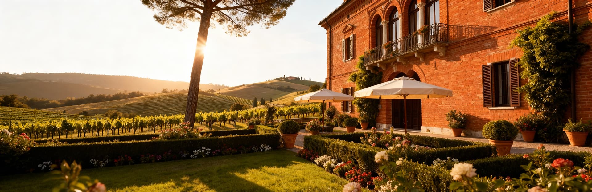 Villa storica a Lodi con architettura in mattoni e giardino, circondata da colline e vigneti, appare serena al mattino.