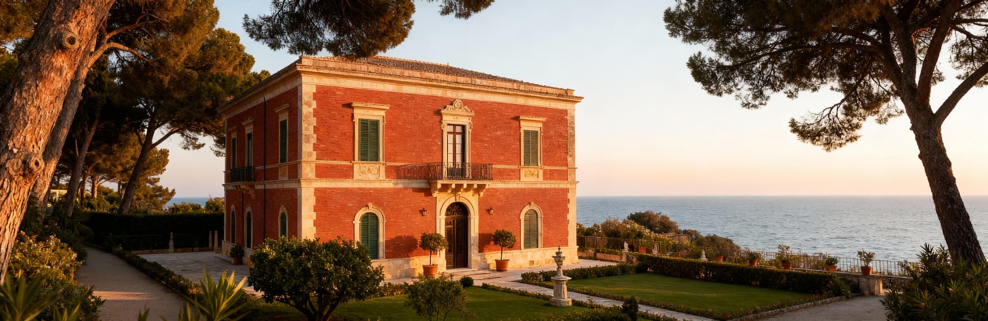 Villa storica a Trapani, con facciata in mattoni rossi, giardino curato e vista mare nel calore del pomeriggio.