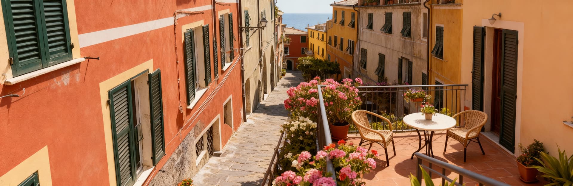 Terratetto in vendita in Liguria, con facciate colorate, balcone affacciato sul borgo e viste sul mare, immerso in un'atmosfera mediterranea.