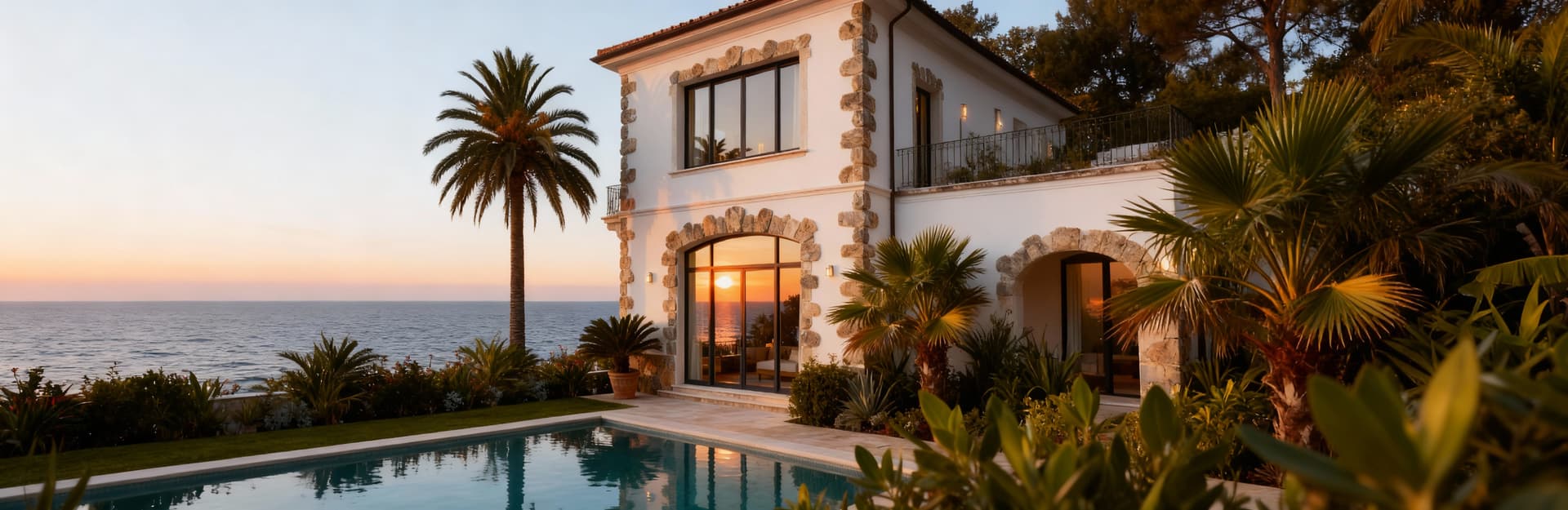 Villa di lusso con vista sul Mediterraneo, giardino tropicale e piscina a sfioro, immersa in un'atmosfera esclusiva.
