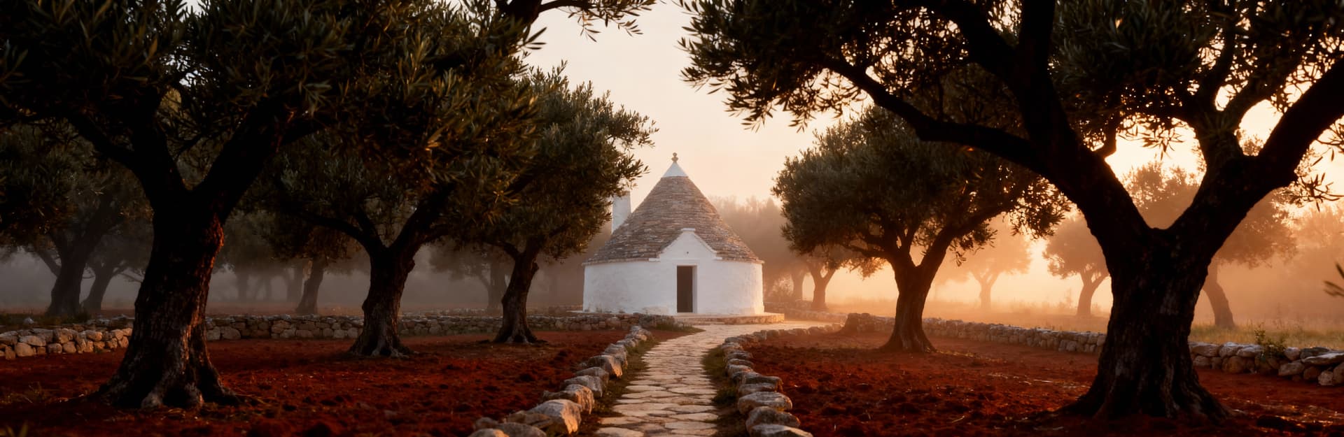 Trullo tradizionale pugliese tra ulivi, avvolto in foschia mattutina, con sentieri di pietra che invitano all'esplorazione.