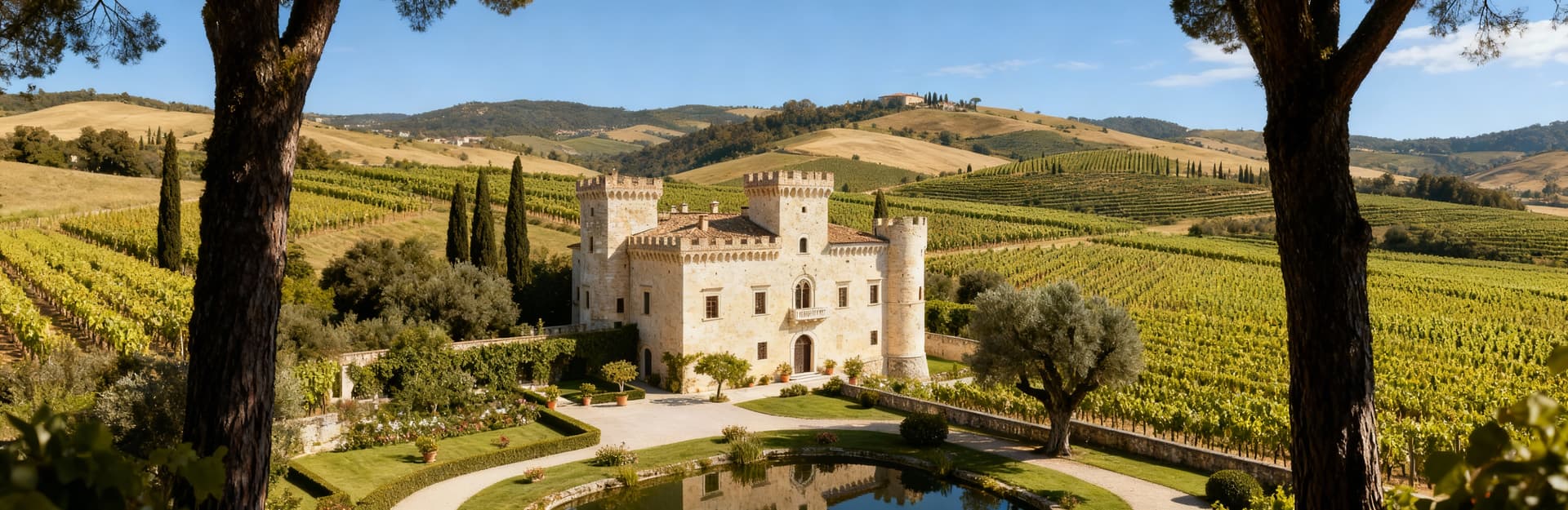 Castello in pietra chiara nel Veneto, circondato da vigneti e colline, con giardino curato e lago artificiale.