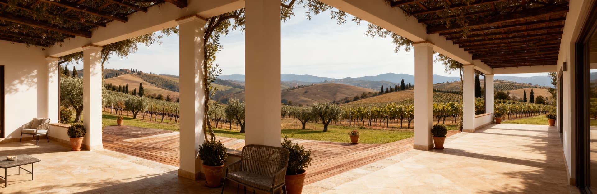 Villa di lusso in Lombardia, circondata da uliveti e vigneti, con vista panoramica su colline e luce invernale morbida.