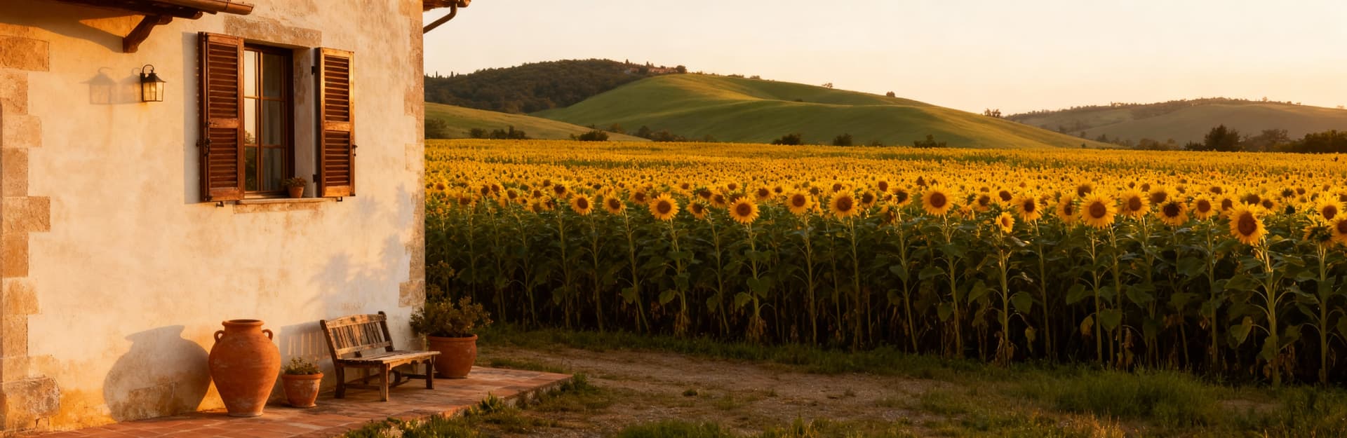 Agriturismo in vendita a Grosseto, fattoria bianca con girasoli e colline verdi, decorazioni rustiche in un pomeriggio dorato.