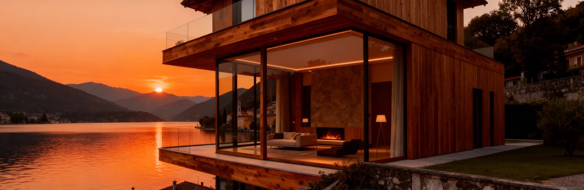 Appartamenti di lusso a Como con vista lago, atmosfera serale e design moderno in legno e vetro, contesto storico circostante.