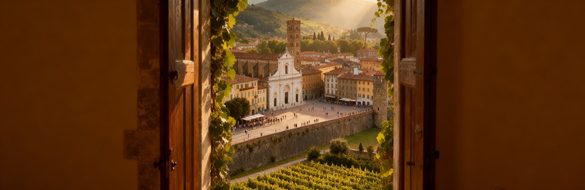 Scenic view of agricultural properties for sale in Lucca, Tuscany, showcasing vineyards, olive groves, and historic architecture.