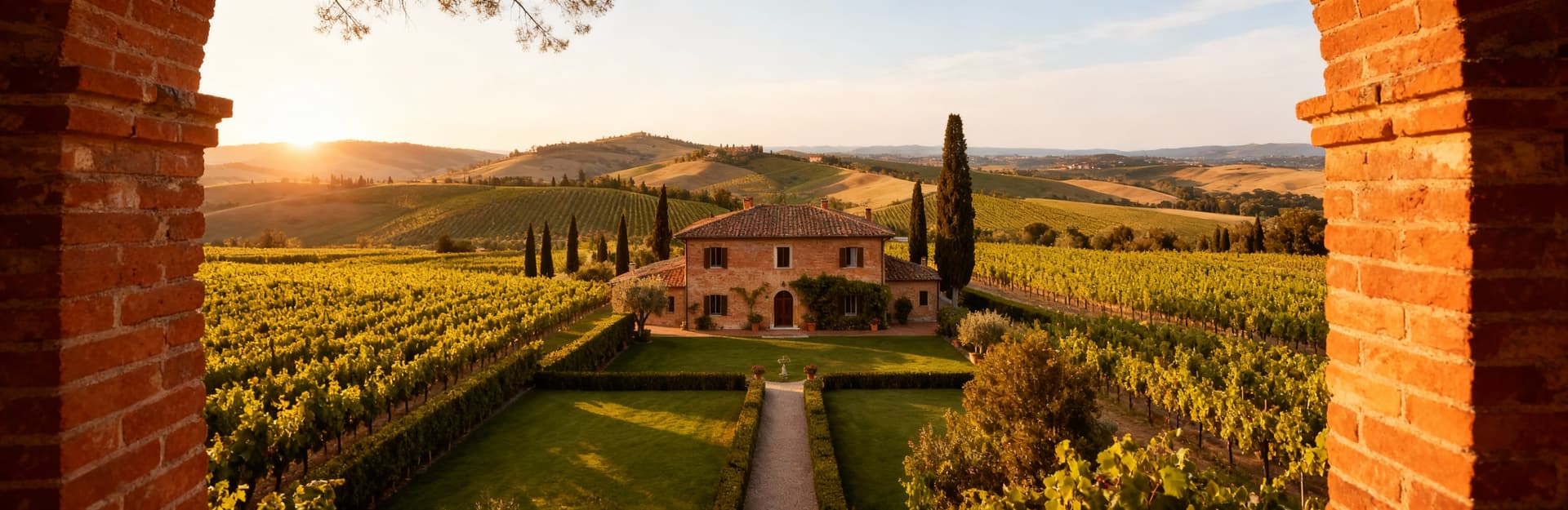 Azioni agricole in vendita a Siena: villa storica con giardino e colline verdi, vigneti sotto un cielo sereno al pomeriggio.