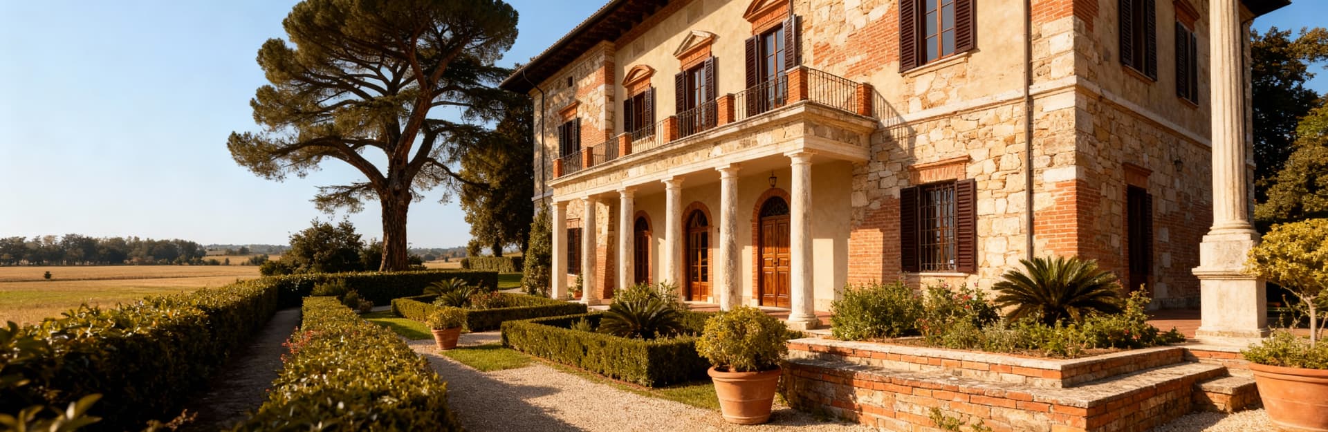 Villa rinascimentale a Ferrara, dettagli in cotto e legno, immersa in giardini curati e luce del mattino.