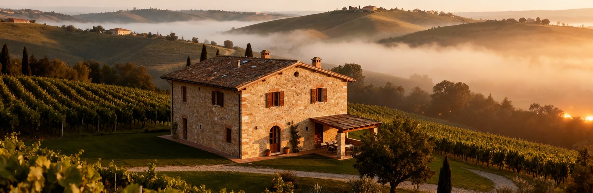 Casale elegante nelle Marche, circondato da colline e vigneti, con architettura in pietra e legno in un'atmosfera incantevole.
