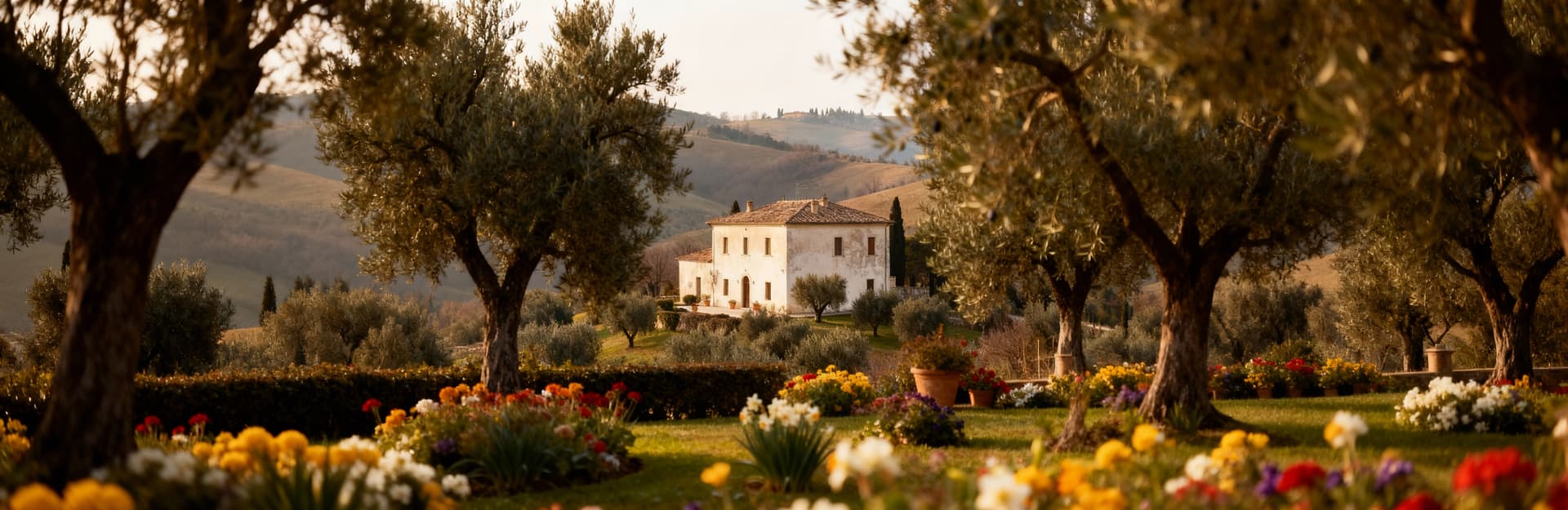 Antico casale in vendita a Fermo, circondato da olivi e giardino fiorito, in un'atmosfera calda e accogliente.