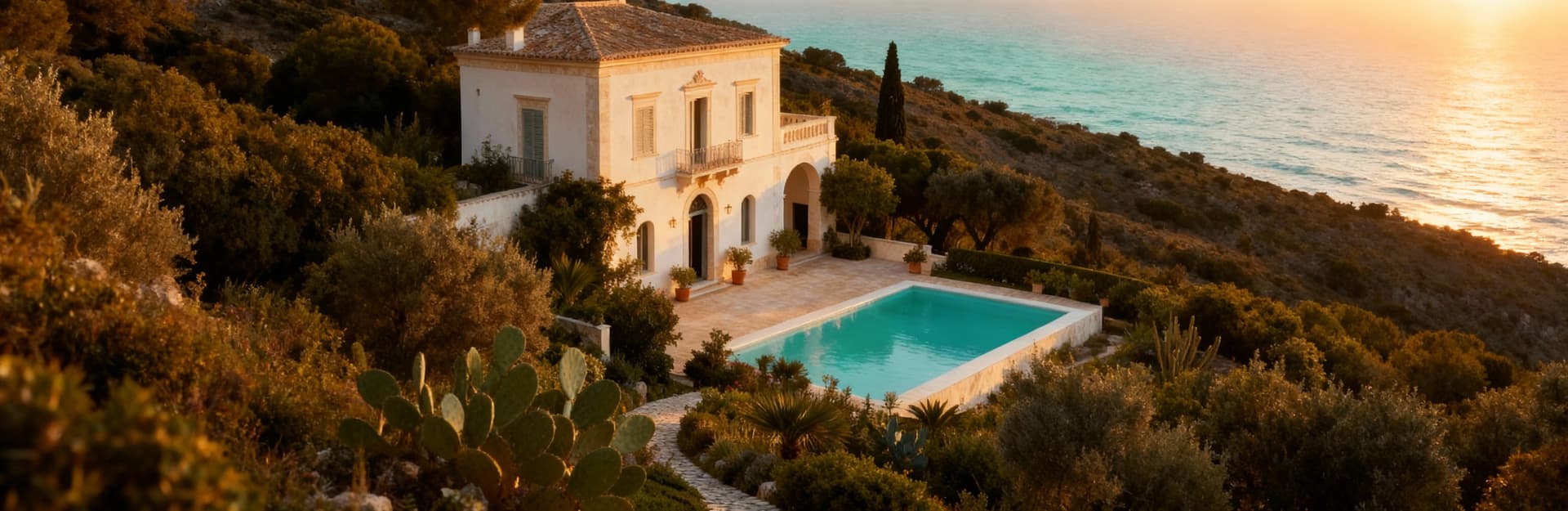 Villa storica in vendita a Cagliari, circondata da un giardino rigoglioso e vista mare. Atmosfera incantevole al tramonto.