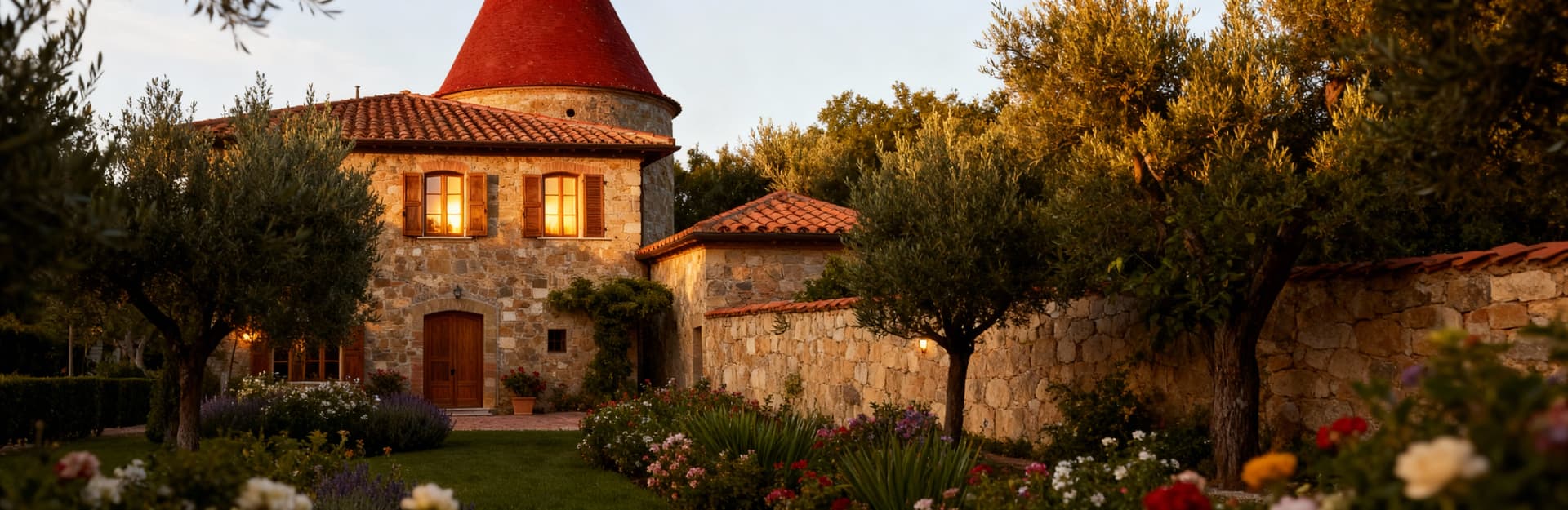 Casale in pietra circondato da uliveti ad Arezzo, tetto in coppi rossi e giardino fiorito, riflette serenità e lusso.