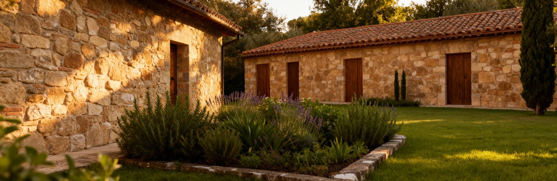 Rustico toscano in pietra immerso nella campagna di Grosseto, circondato da erbe aromatiche e fiori selvatici.