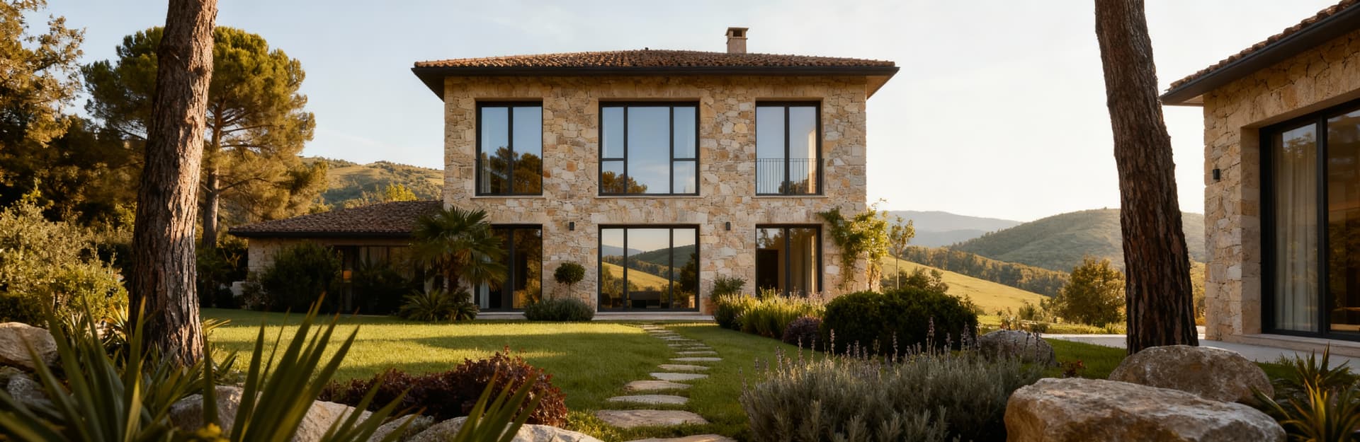Villa in vendita a Treviso, immersa nel verde delle colline venete, con facciata in pietra e giardino fiorito.