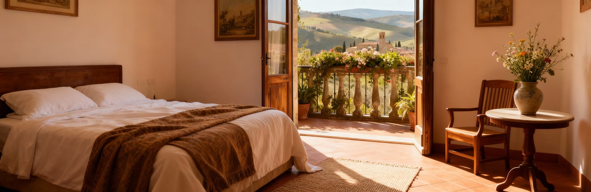 Tuscan farmhouses for sale in Livorno's countryside, showcasing rolling hills, olive trees, and vineyards under a serene sky.
