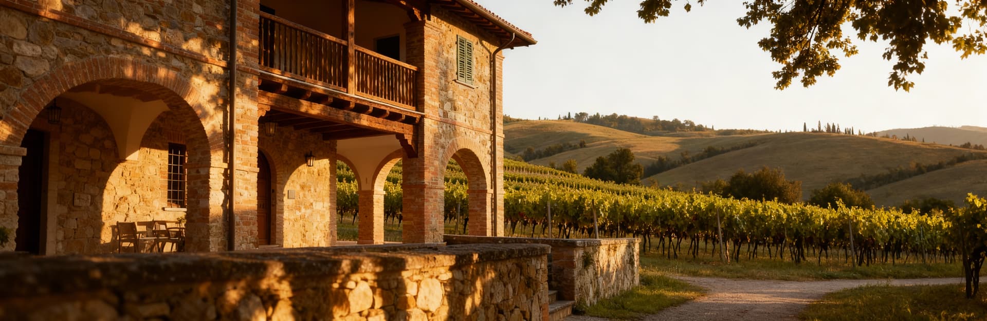 Villa storica in pietra tra colline dell'Emilia Romagna, con dettagli in legno e vigneto, evoca bellezza e tranquillità.