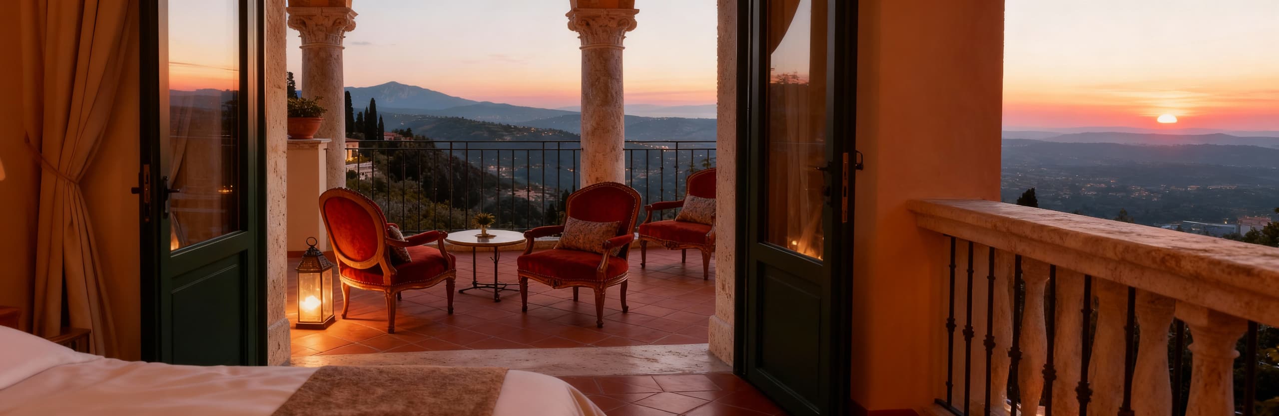 Eccellente hotel di lusso in Italia, immerso in un paesaggio panoramico e illuminato da una dolce luce serale.