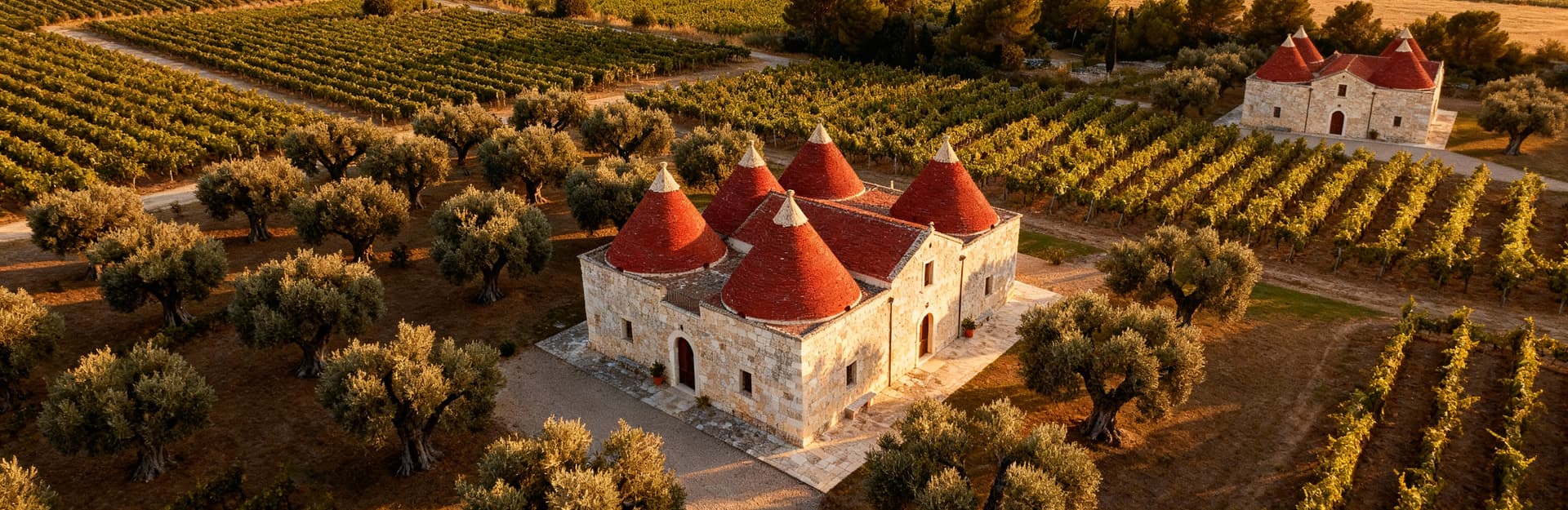 Masseria pugliese in uliveto secolare, con pareti in pietra e tetto in coppi rossi, immersa in vigneti al tramonto.