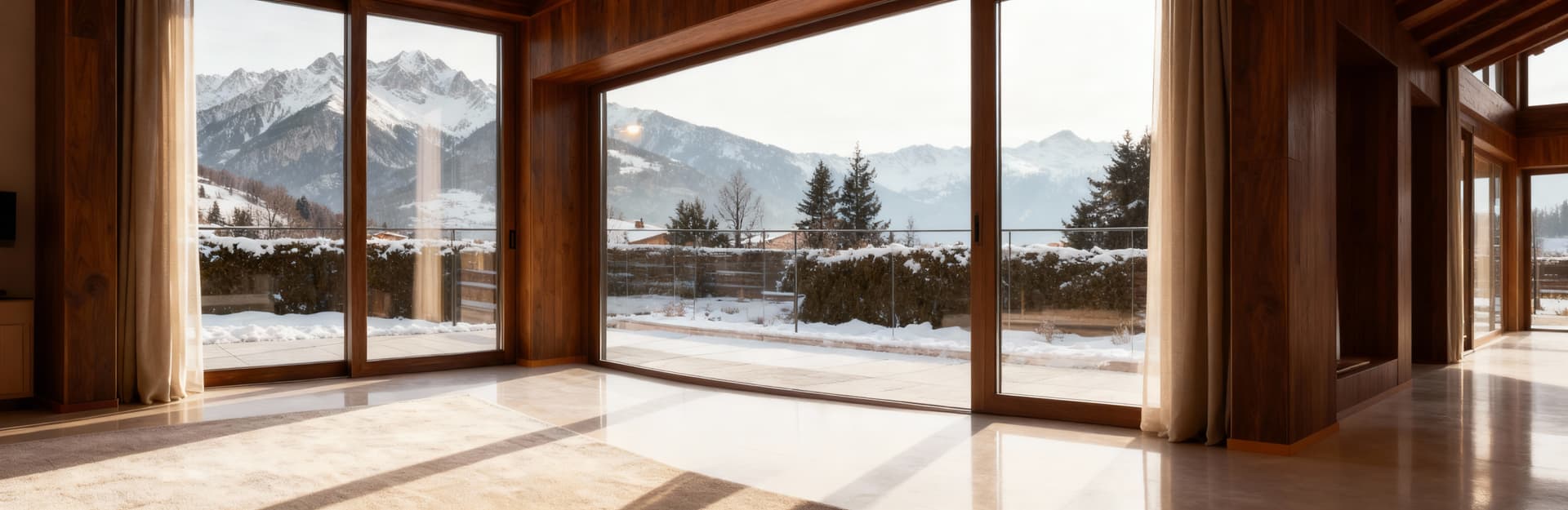 Appartamento elegante in Friuli Venezia Giulia, vista sulle Alpi Giulie, grandi finestre e interni luminosi, atmosfera accogliente.
