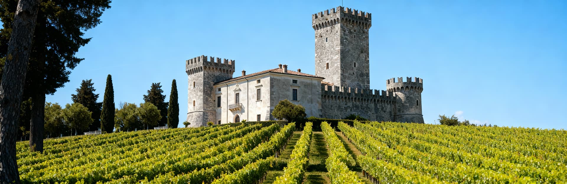Castello storico nel Collio, circondato da vigneti, torri in pietra grigia e cielo sereno, perfetto per il mercato immobiliare di lusso.