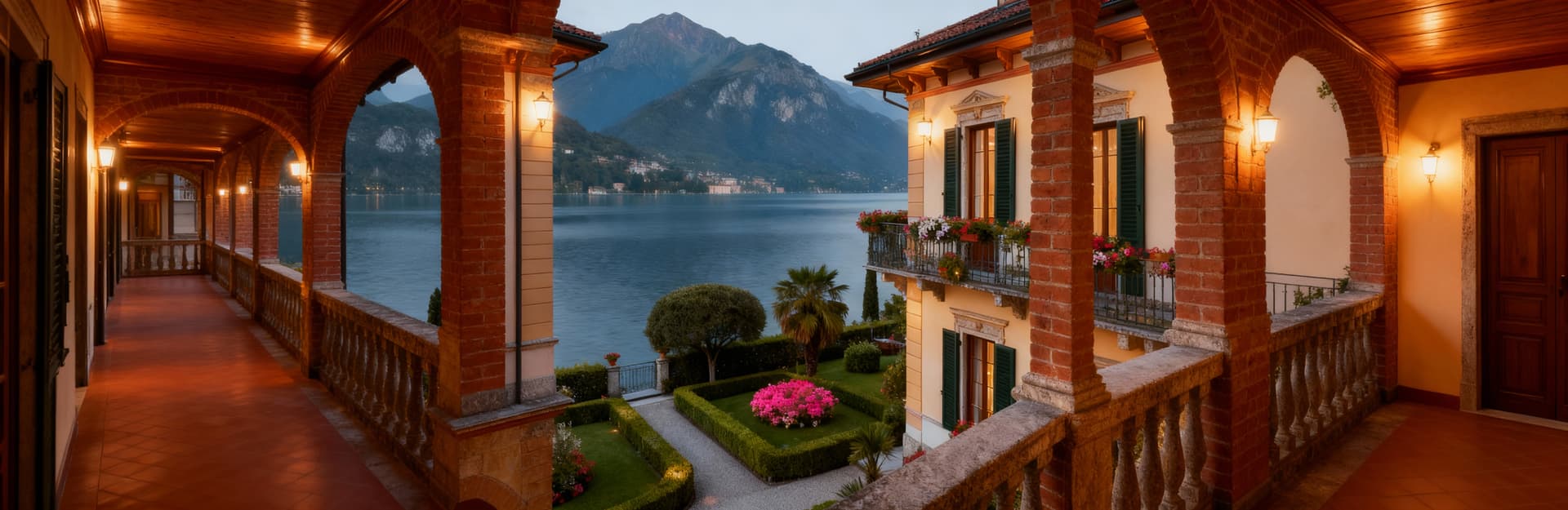 Albergo di lusso in vendita in Lombardia, elegante facciata storica, giardini curati, vista su lago e montagne.
