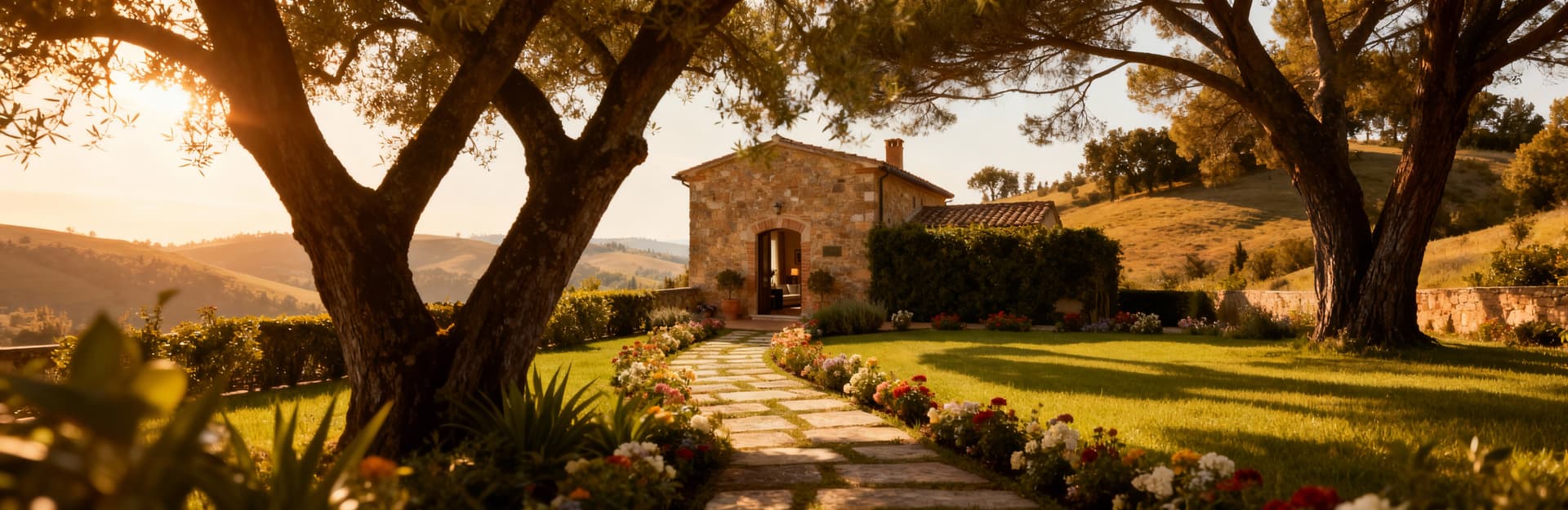 Albergo di lusso in Umbria, circondato da colline, con eleganti interni in pietra e dettagli fioriti nel giardino.