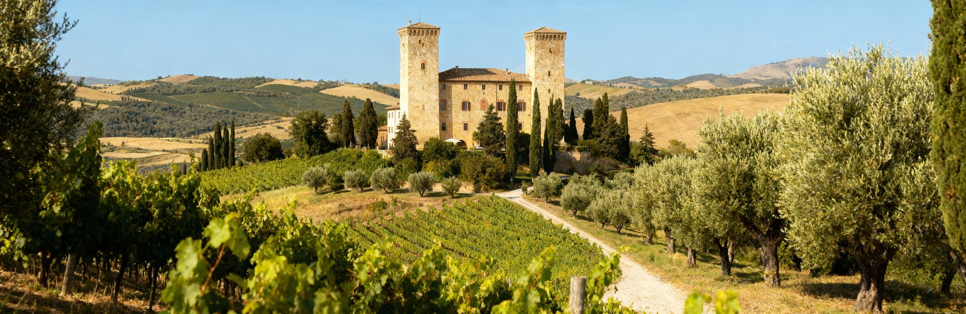 Castello in vendita in Toscana, circondato da vigneti e uliveti, con torri che svettano su dolci colline. Atmosfera serena.