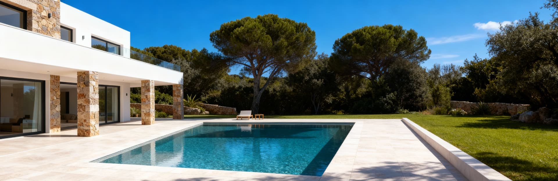 Elegante villa con design moderno in Sardegna, ampie terrazze e materiali in pietra e vetro immersi nella natura.