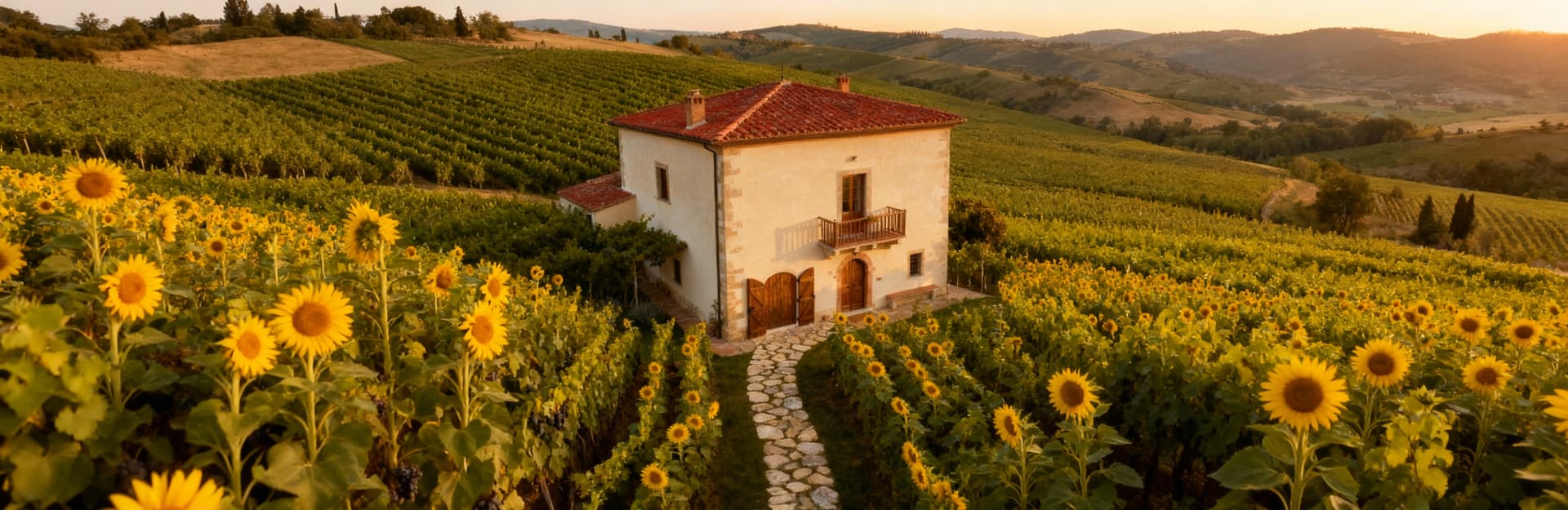 Case indipendenti a Siena: casale toscano con tetto in coppi rossi, circondato da vigneti e girasoli sotto la luce del tramonto.