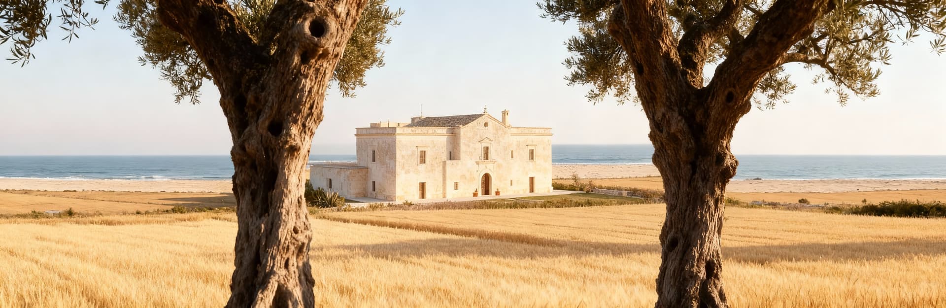 Masseria in vendita a Lecce, incastonata tra ulivi e campi dorati, con vista sul mare e luce mattutina.