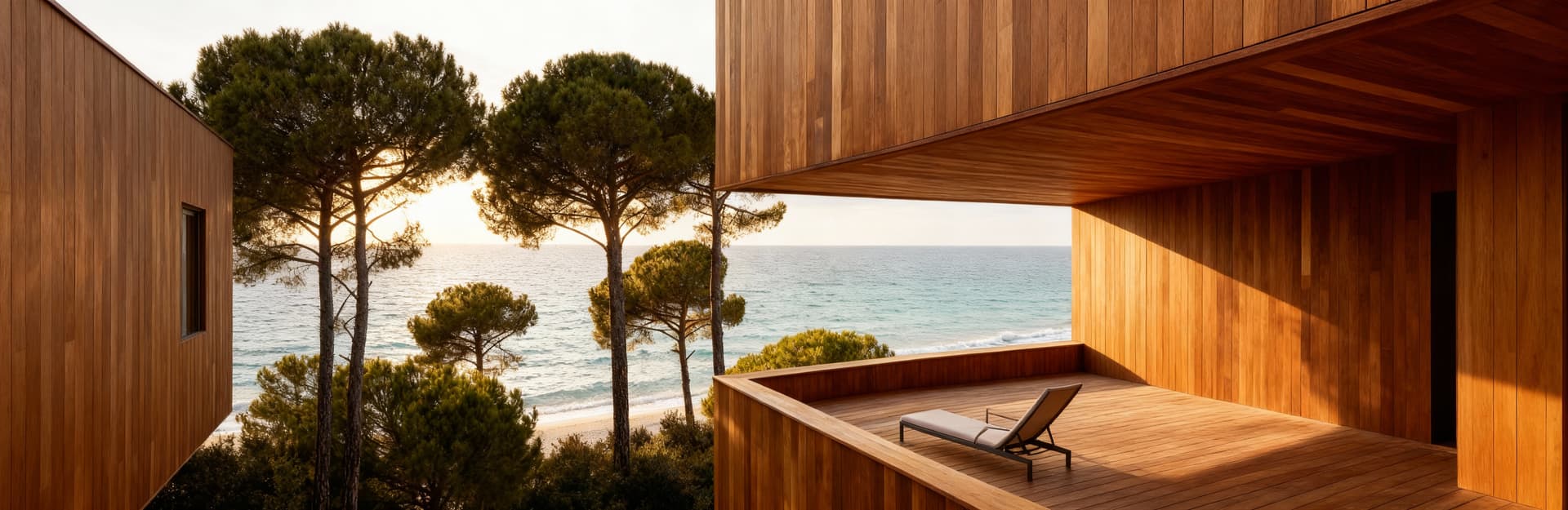 Albergo di lusso sulla spiaggia in Versilia, pareti in legno, terrazze sul mare e luce invernale che esalta l'architettura.