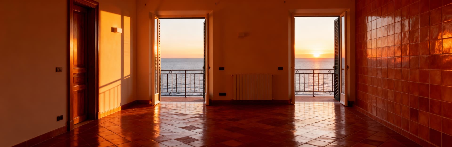 Appartamento in vendita a Trieste con vista sul mare Adriatico, interni eleganti e luce calda al tramonto.