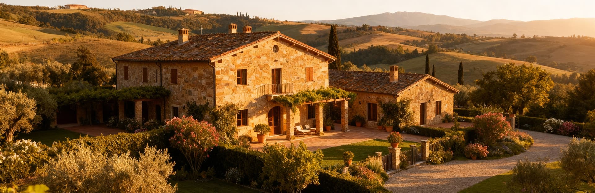 Exclusive Tuscan estates for sale in Florence, surrounded by lush gardens and charming architecture, embody luxury and elegance.