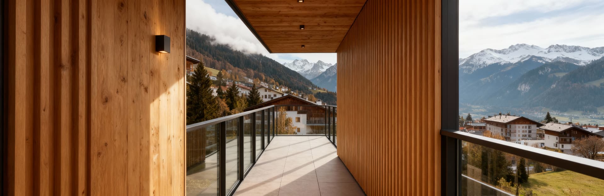 Attico panoramico in vendita a Bolzano, con vista montana, architettura moderna e dettagli in legno naturale.