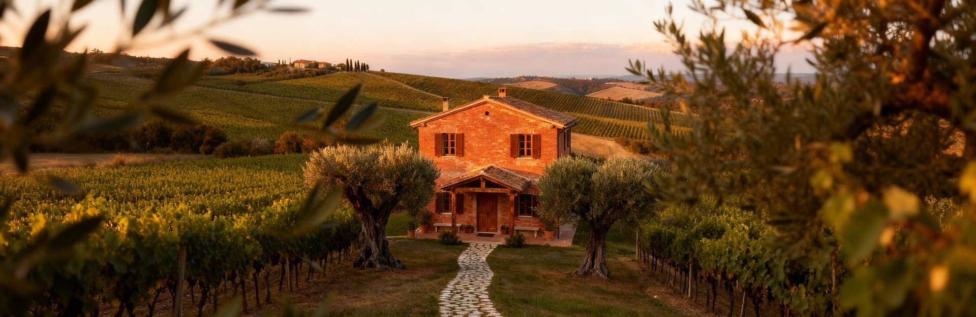 Charming country homes for sale surrounded by lush hills, vineyards, and serene landscapes in a historic area.