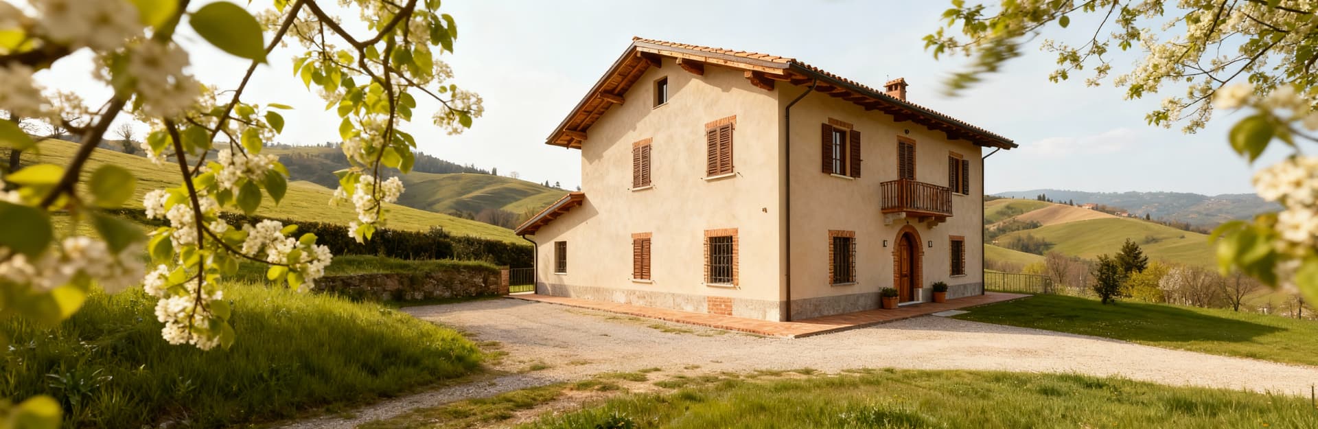 Rustico in vendita in provincia di Piacenza, immerso nelle colline, con travi in legno e dettagli in cotto, atmosfera calma e accogliente.
