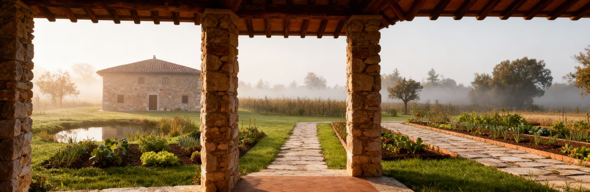 Ville di lusso in vendita a Piacenza: rustico ristrutturato con pareti in pietra, ampio terreno verde e laghetto immerso nella nebbia.