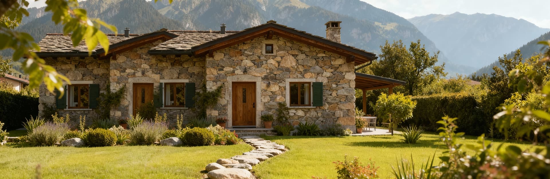 Casa indipendente in vendita a Bolzano, circondata da un giardino fiorito e con i monti sullo sfondo in una scena tranquilla.