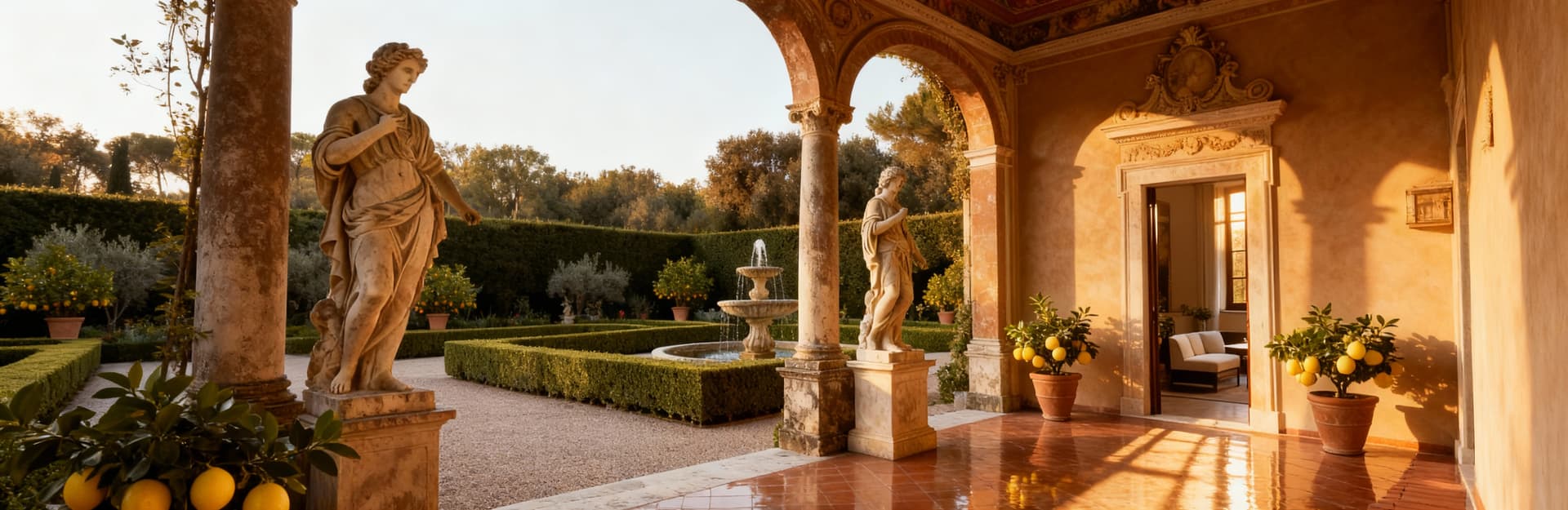Villa storica in Campania con architettura barocca, interni moderni, giardino all'italiana e atmosfera accogliente.