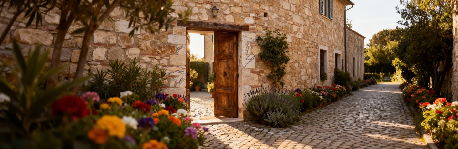 Rustico in vendita a Macerata con porta in legno massello, cortile lastricato e fiori colorati, atmosfera serena.