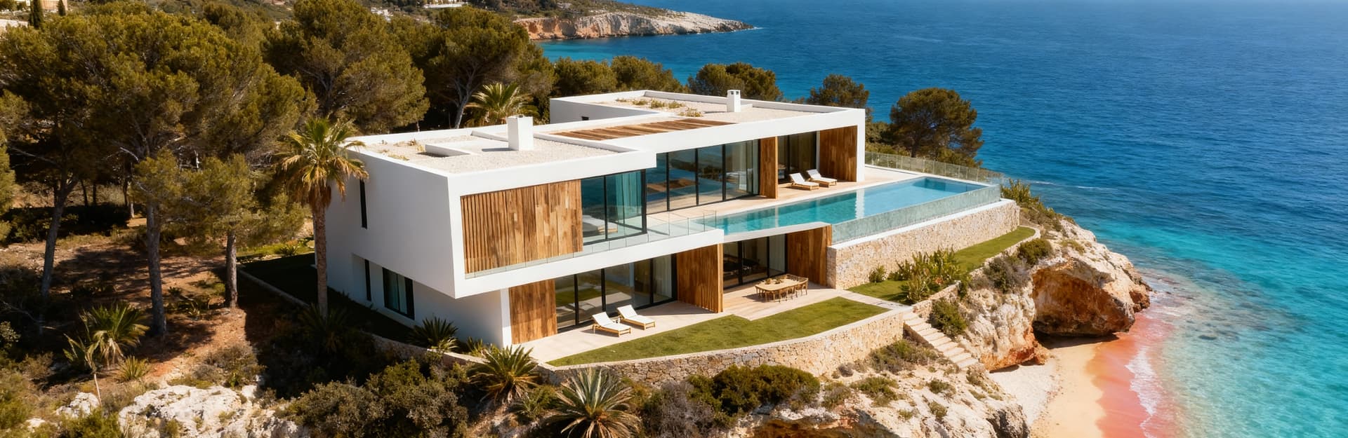 Villa moderna a Ibiza su scogliera, con vista panoramica sul mare e materiali in vetro e legno che richiamano il paesaggio.