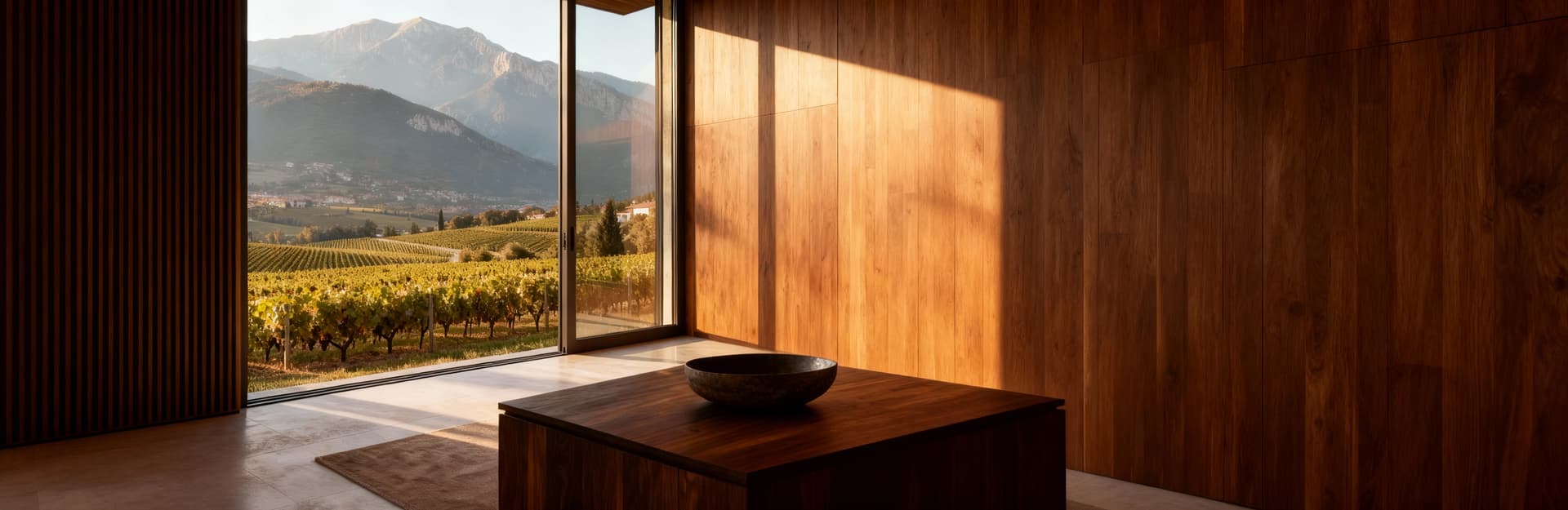 Attico elegante a Gorizia con vista su vigneti e montagne, interni moderni e atmosfera calda illuminata dalla luce mattutina.