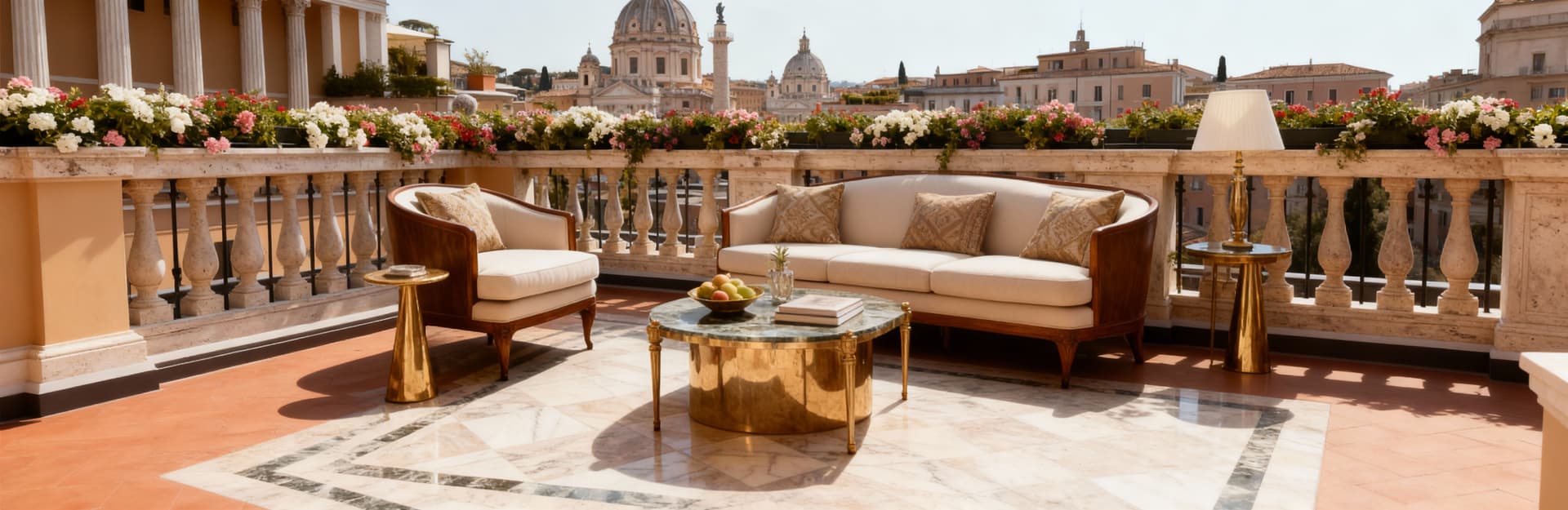 Attico elegante nel centro di Roma, interni di lusso e vista mozzafiato sui monumenti storici, balcone fiorito.